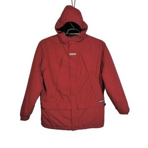 Lands End VINTAGE red hooded winter coat men size large pockets zippered front